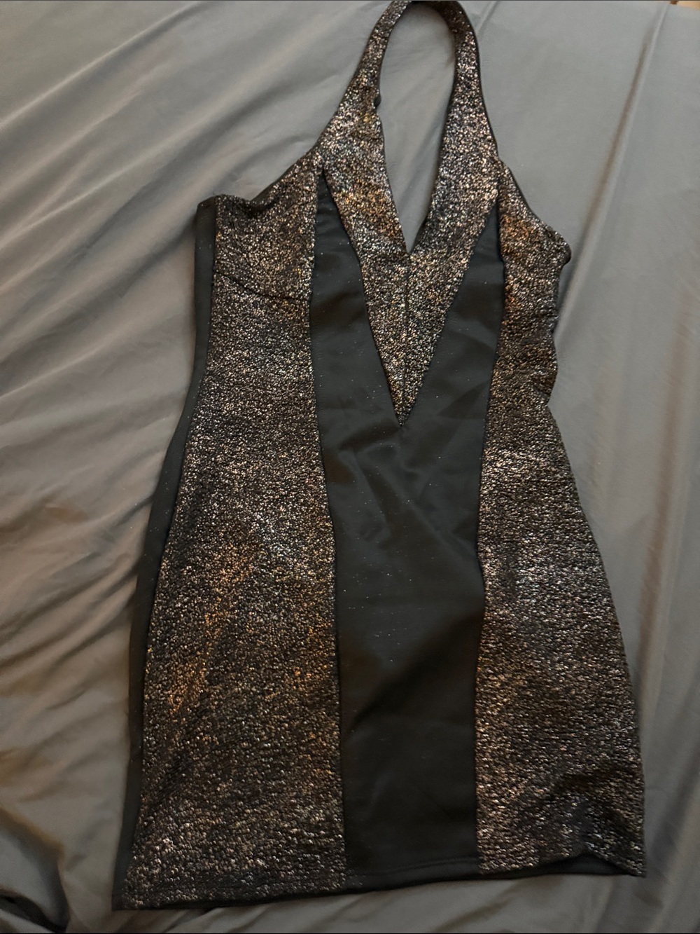 Black Glitter Halter V-Neck Mini Dress